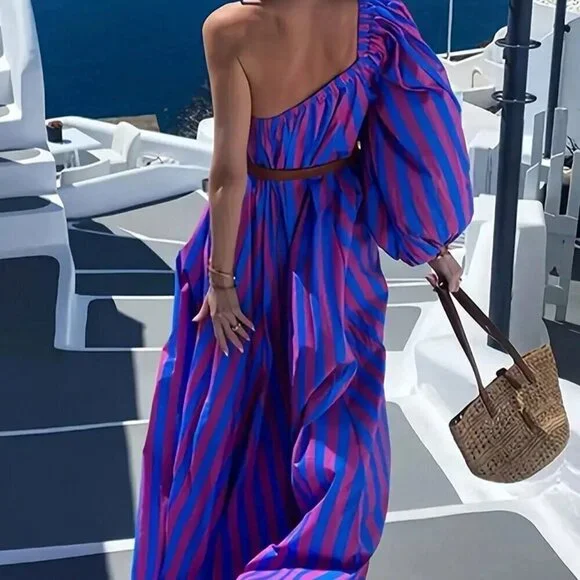 Women's Striped Print Sexy One Shoulder Vacation Style Maxi Dress - Picture 2 of 4